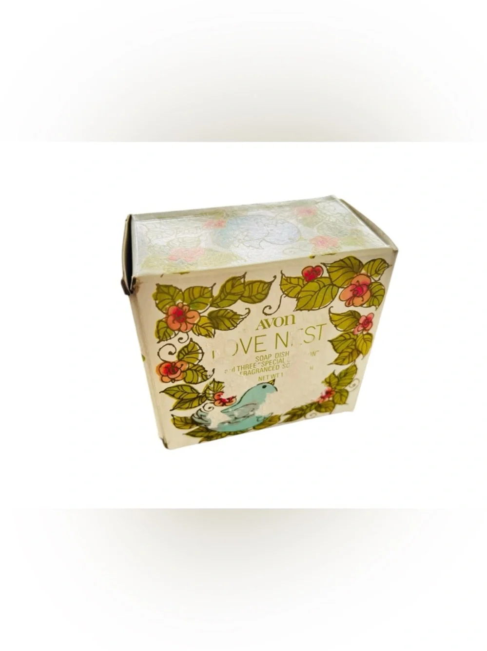 Avon “Love Nest” Soap Dish Set – Green Glass & Bird Soaps